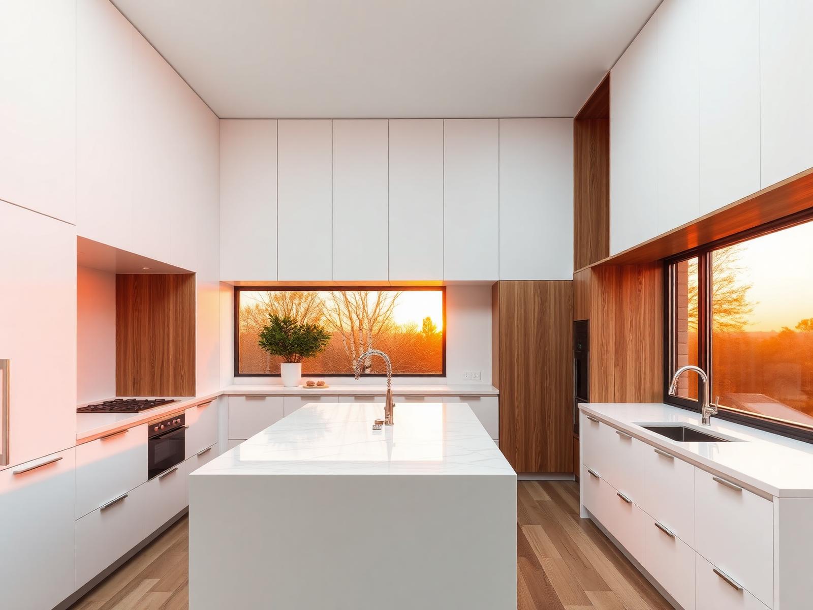 Luxury bespoke kitchen with marble island and warm timber cabinetry